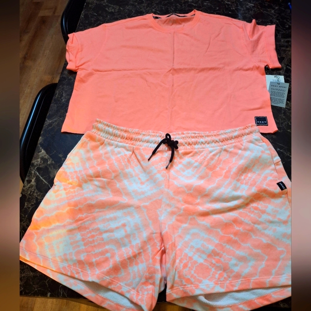 DKNY Neon Orange T-Shirt and Tie-Dye Shorts Set